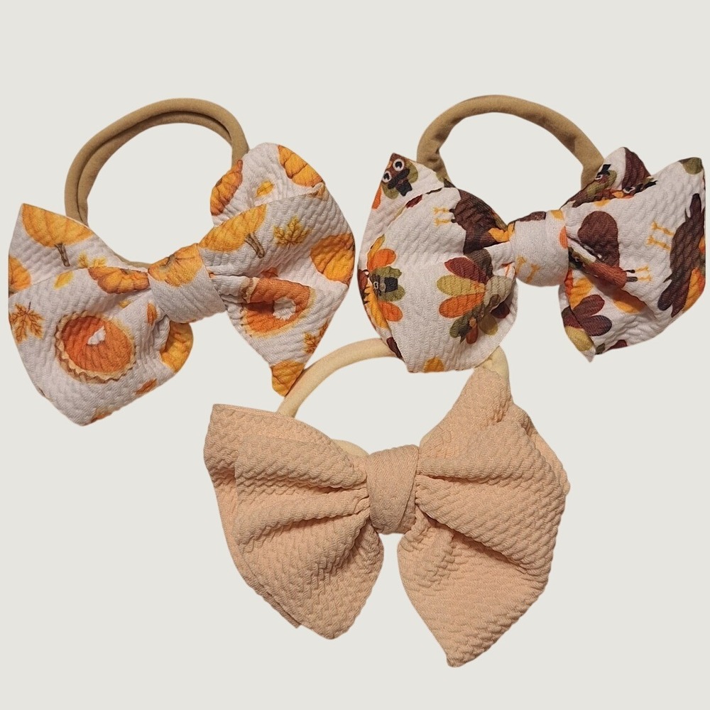 Baby Girls Thanksgiving Turkey Pumpkin Waffle Fabric Headbands 3pc Set